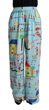 Dolce & Gabbana Hellblaue Zeichnung Mid Waist Wide Leg Pants