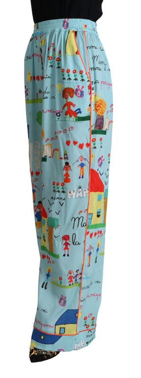 Dolce & Gabbana Hellblaue Zeichnung Mid Waist Wide Leg Pants