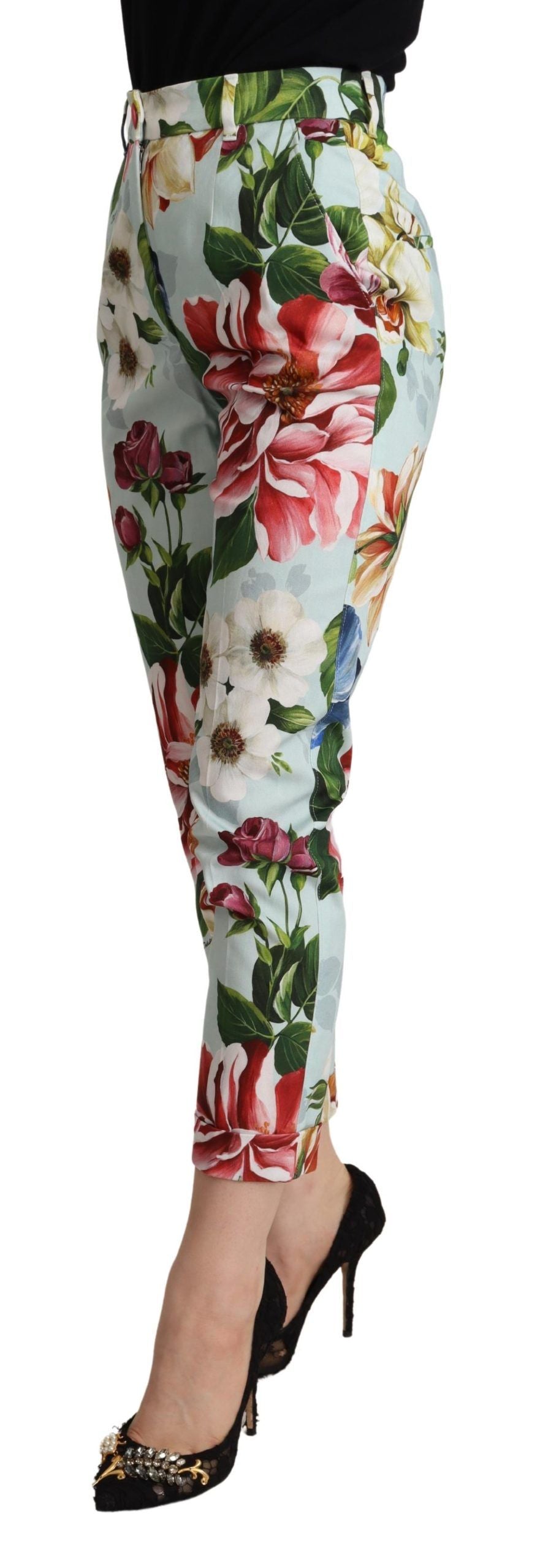 Dolce & Gabbana Hellblaue Hose mit Fiori-Druck aus Baumwolle, konisch zulaufend