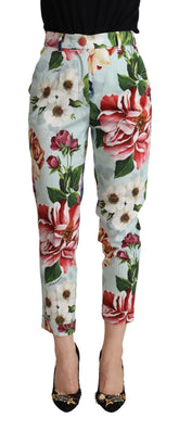 Dolce & Gabbana Hellblaue Hose mit Fiori-Druck aus Baumwolle, konisch zulaufend