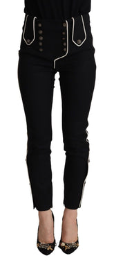 Dolce & Gabbana Schwarze Slim Fit Hose mit mittlerer Taille und verschönerten Knöpfen
