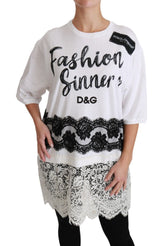 Dolce & Gabbana Weißes Fashion Sinner Baumwoll-Spitzen-T-Shirt-Top