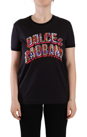 Dolce & Gabbana Schwarzes Logo Print Baumwolle Rundhals T-Shirt