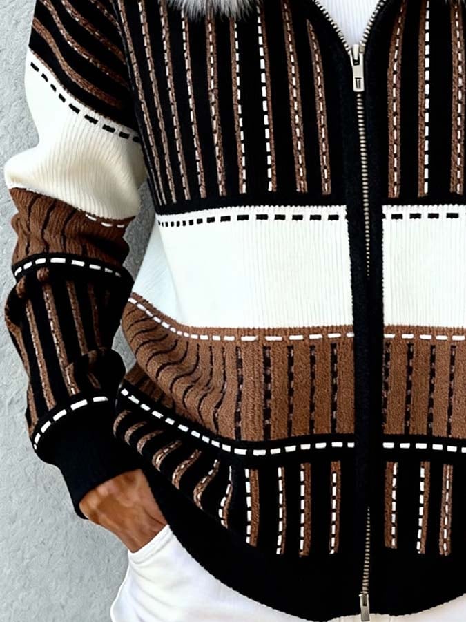 Winter Damen Patchwork Jacke mit Fellkapuze warm & chic