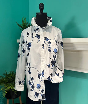 Winter Blusen-Shirt blau mit Aquarell-Blütenprint langarm