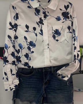 Winter Blusen-Shirt blau mit Aquarell-Blütenprint langarm
