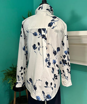 Winter Blusen-Shirt blau mit Aquarell-Blütenprint langarm