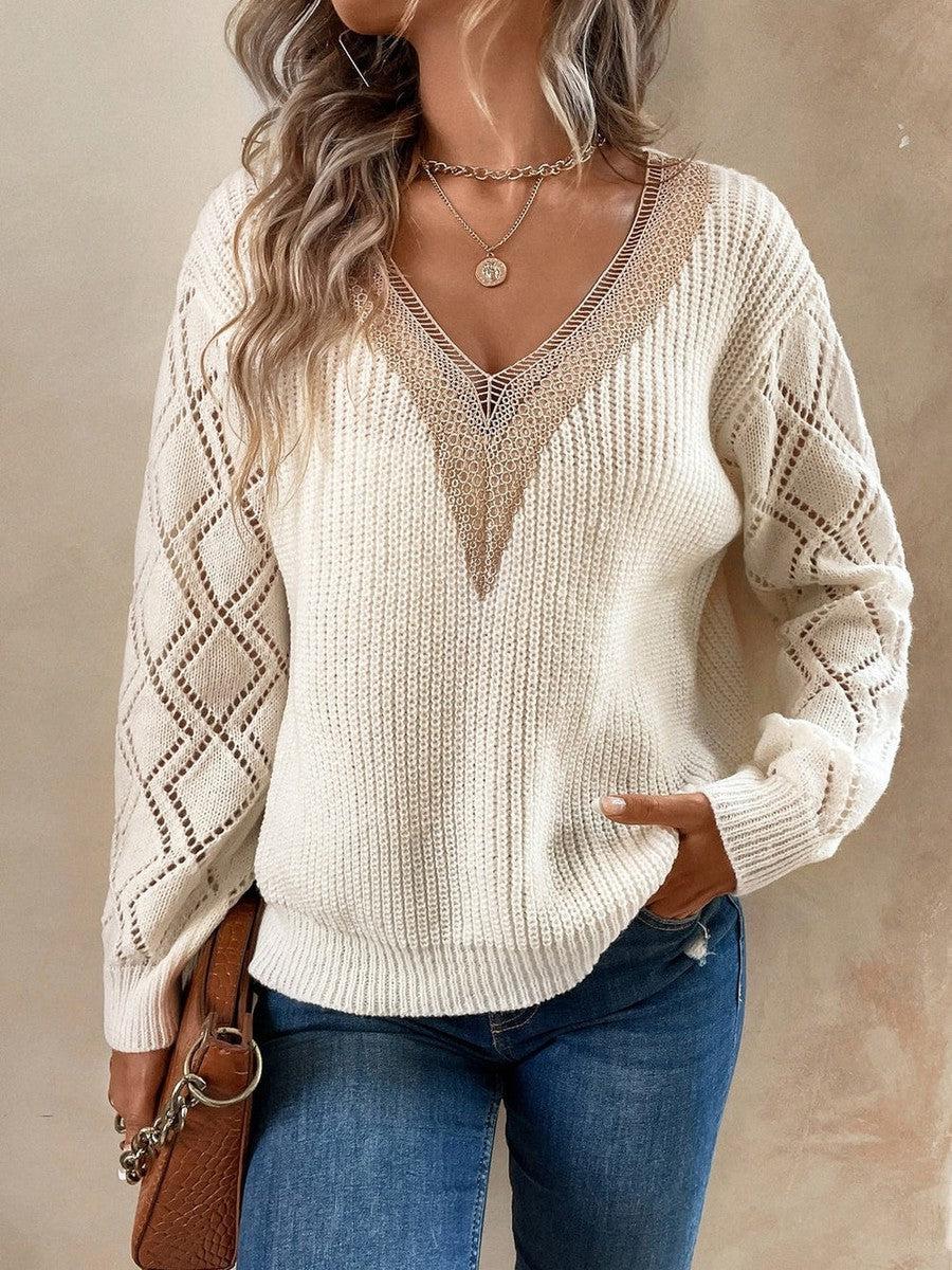 Herbstlicher Chic: Warmer Rib Knit V-Neck Sweater in Farbblock-Optik