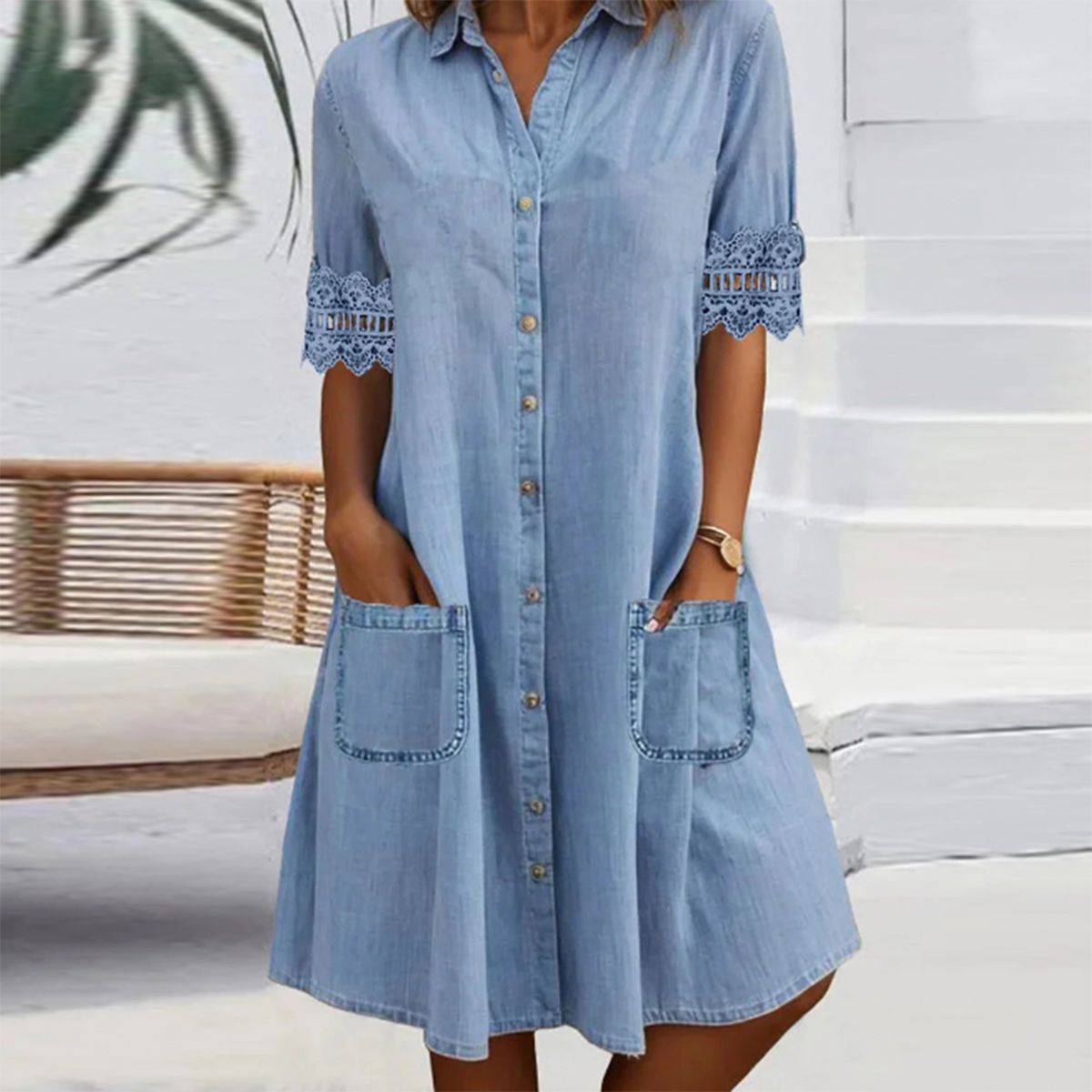 Herbstshafter Blue Denim Mini-Kleid mit Spitzen-Detail und Kragen