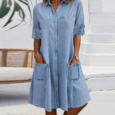 Herbstshafter Blue Denim Mini-Kleid mit Spitzen-Detail und Kragen