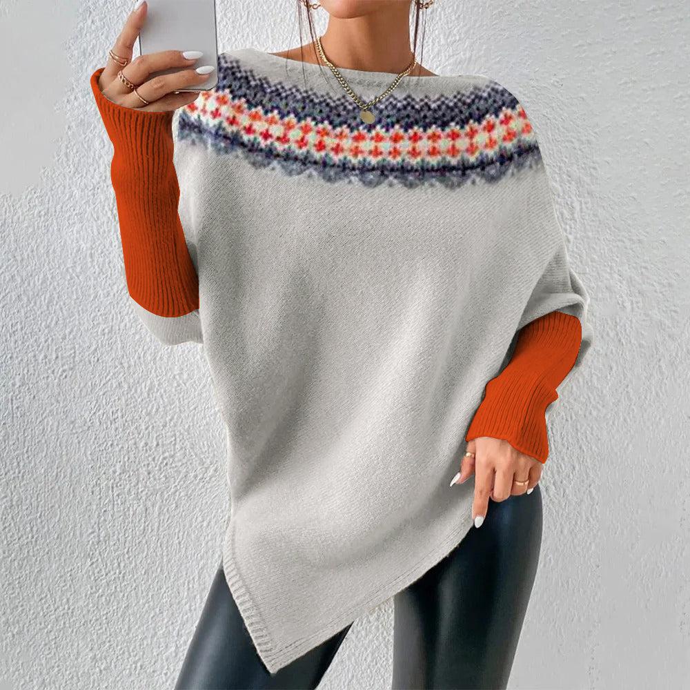 Herbst-Must-Have: Lässiger Grey Batwing Sleeve Print Sweater
