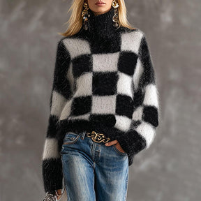Herbst-Hit: Oversized Schachbrett-Pullover in Schwarz-Weiß - Warm, Chic & Bequem