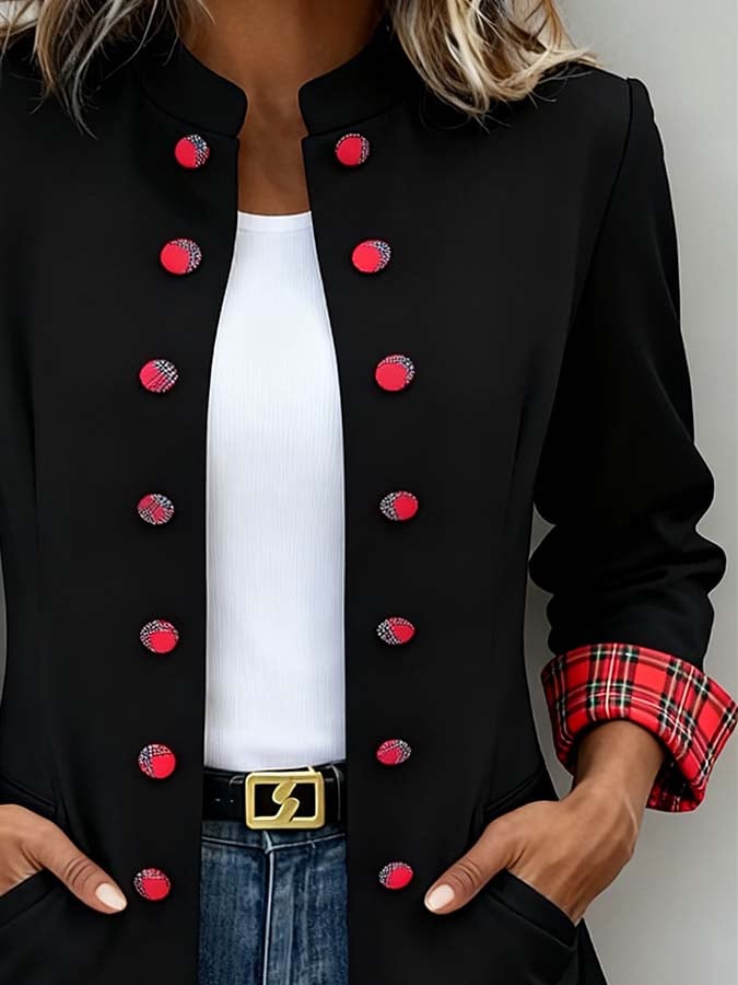 Eleganter Winter Blazer Schwarz mit Rotem Karo Trim Damen