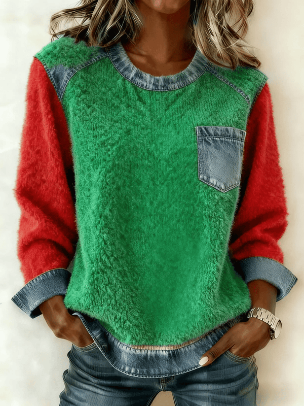 Kuscheliges Winter Sweatshirt Damen mit Denim Patchwork