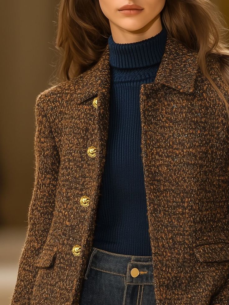 Herbstlicher Retro Chic: Braune Langarm-Jacke für stilvolle Wärme & Komfort