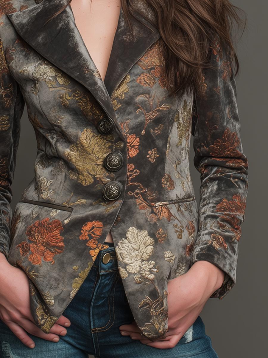 Herbstzauber: Vintage Velvet Blazer mit floraler Stickerei - Luxus & Komfort