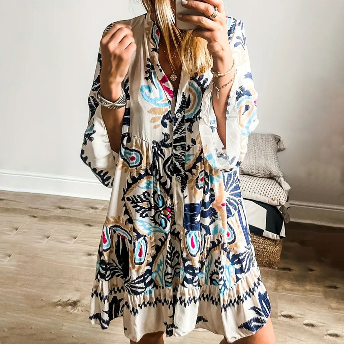 Einzigartiges Bedrucktes Langarm-Minikleid: Herbsts-Style mit Komfort und Qualität