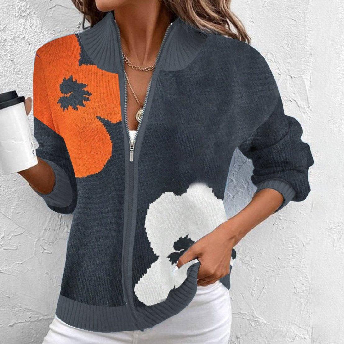 Herbstlicher Chic: Zip V-Neck Floral Print Cardigan - Bequem & Stilvoll