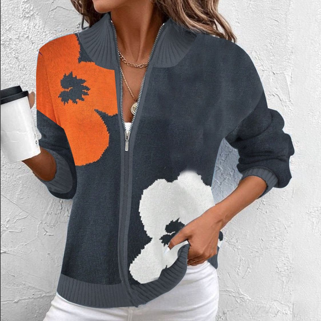 Herbstlicher Chic: Zip V-Neck Floral Print Cardigan - Bequem & Stilvoll