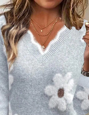 Kuscheliger Herbst-Pullover: Grey Floral Print, V-Ausschnitt, Lange Ärmel