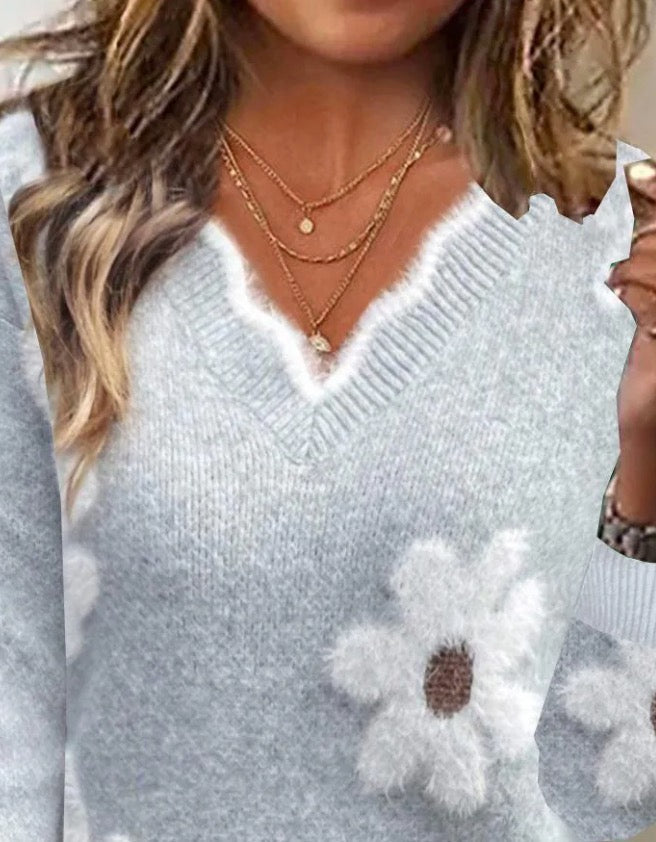 Kuscheliger Herbst-Pullover: Grey Floral Print, V-Ausschnitt, Lange Ärmel