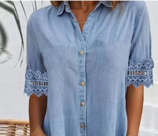 Herbstshafter Blue Denim Mini-Kleid mit Spitzen-Detail und Kragen