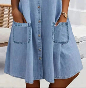 Herbstshafter Blue Denim Mini-Kleid mit Spitzen-Detail und Kragen