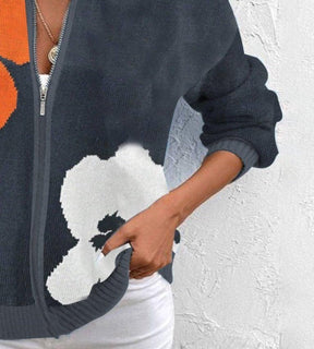 Herbstlicher Chic: Zip V-Neck Floral Print Cardigan - Bequem & Stilvoll