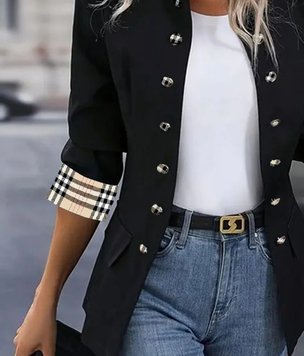 Elegante Winter Blazerjacke schwarz mit Karomuster Damen