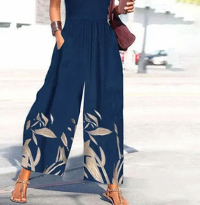 Herbstshafter Plant Print Jumpsuit - Kurzarm & V-Ausschnitt, Elastan-Rayon Mix