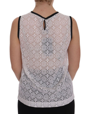 Dolce & Gabbana Weißes geblümtes Nylon-Tank-T-Shirt mit Spitze