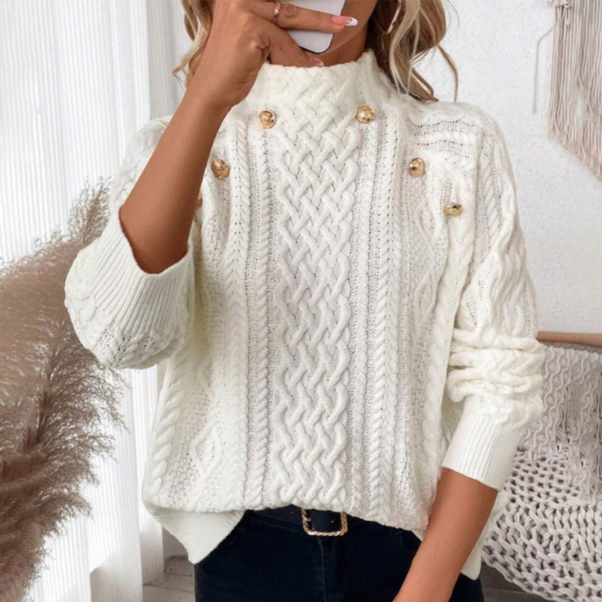 Eleganter White Plain Mock Neck Sweater - Perfekt für den Herbstsanfang
