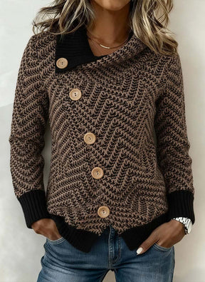 Winter-Ready Retro Color Block Strickcardigan mit Holzknöpfen
