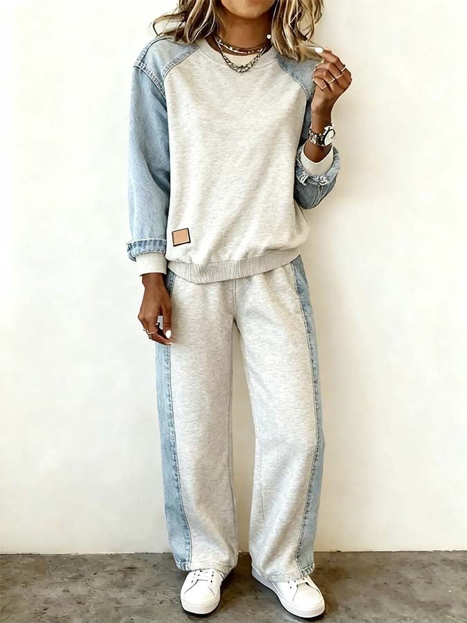 Winter Damen Denim Lounge Set kuscheliger Boho Anzug