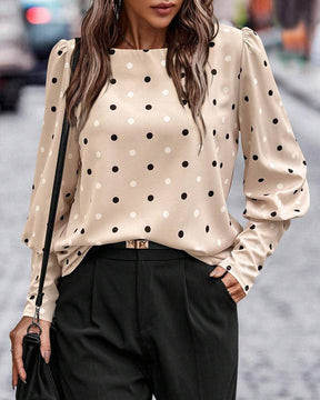 Classy Round Neck Polka Dot Top - Elastisch, Eleganter Herbstslook