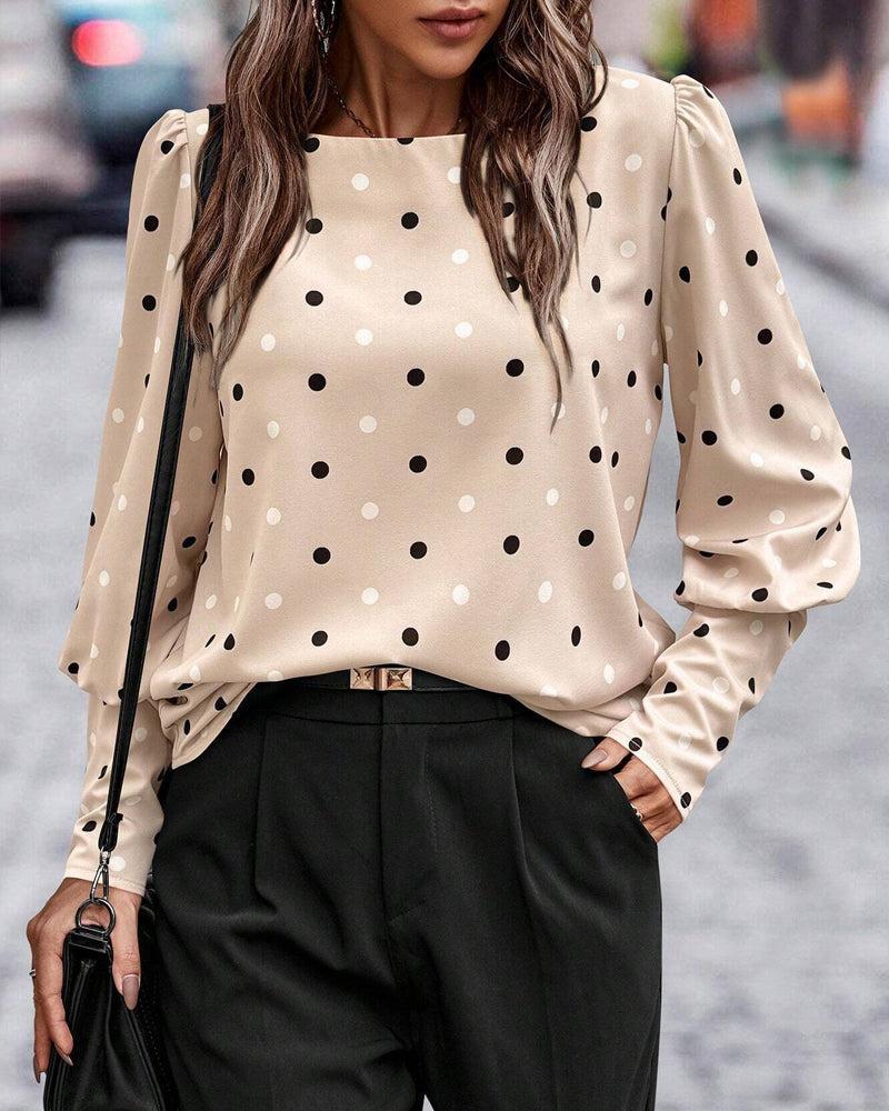 Classy Round Neck Polka Dot Top - Elastisch, Eleganter Herbstslook