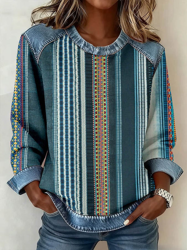 Winter Damen Boho Sweatshirt mit Denim Patchwork, warm