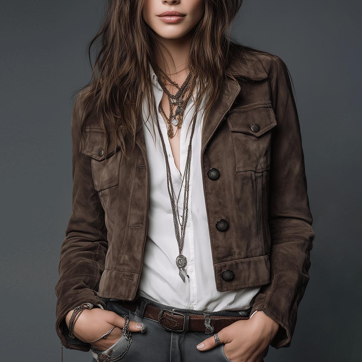 Brown Suede Military-Style Jacket – Vintage-Inspired With Button Front And\nPockets