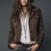 Brown Suede Military-Style Jacket – Vintage-Inspired With Button Front And\nPockets