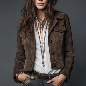 Brown Suede Military-Style Jacket – Vintage-Inspired With Button Front And\nPockets