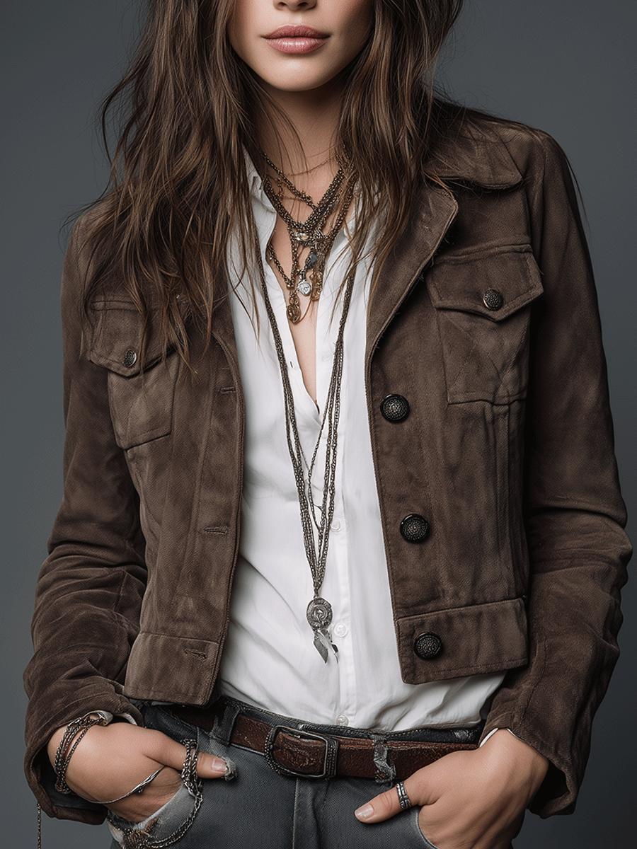 Brown Suede Military-Style Jacket – Vintage-Inspired With Button Front And\nPockets