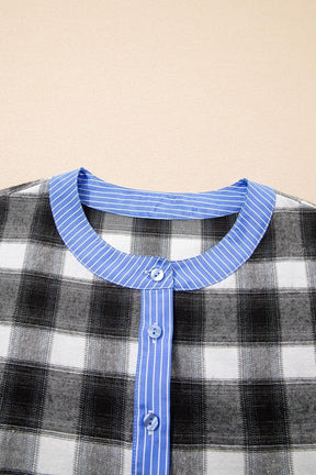 Winter Longsleeve Karo Shirt Schwarz Weiß mit blauem Akzent
