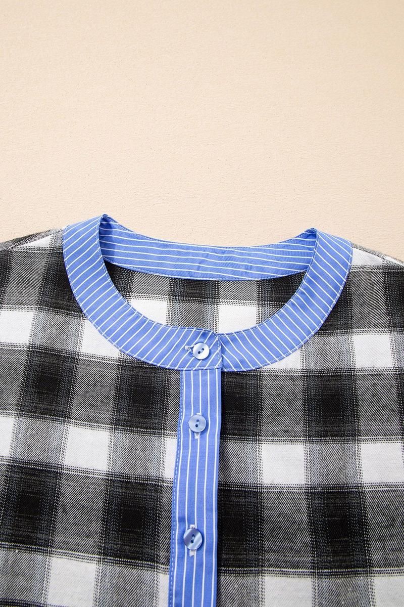 Winter Longsleeve Karo Shirt Schwarz Weiß mit blauem Akzent