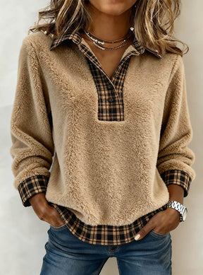 Herbstlicher Cozy Faux Sherpa Plaid Top - Wärmende Eleganz trifft Stil