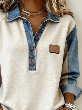 Winter Damen Sweatshirt creme mit Denimärmeln casual chic
