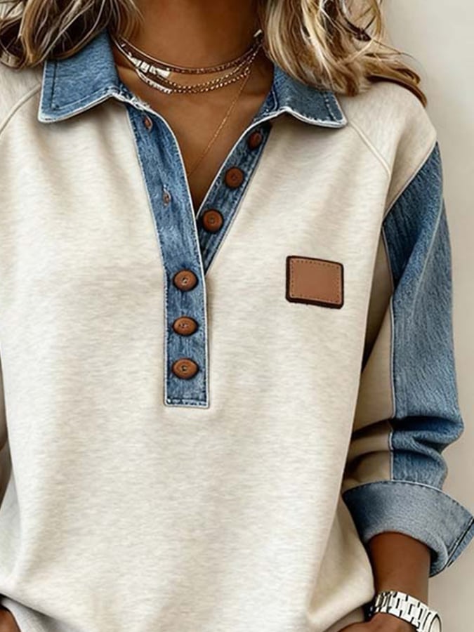 Winter Damen Sweatshirt creme mit Denimärmeln casual chic