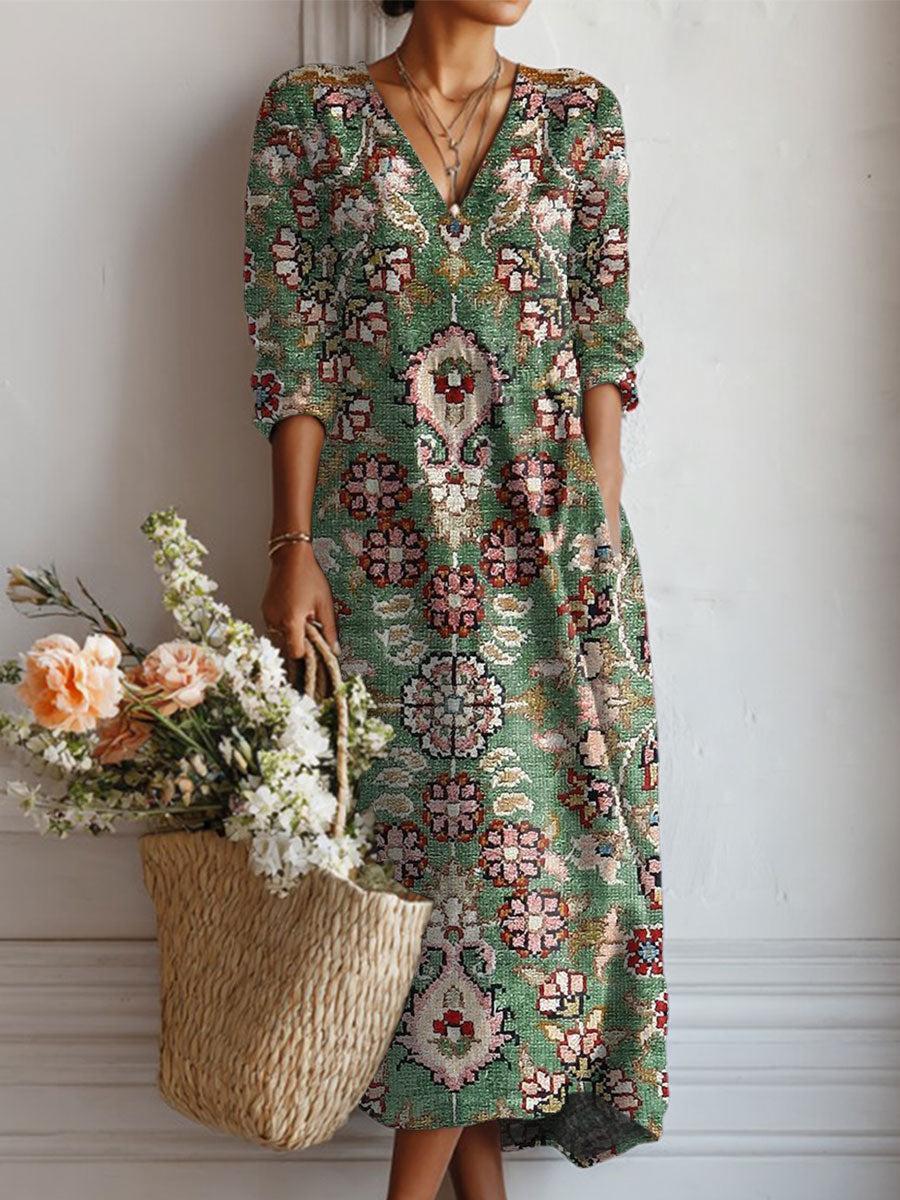 Grünes V-Ausschnitt Midi Kleid - Herbsts-Essential mit Raffinesse & Komfort
