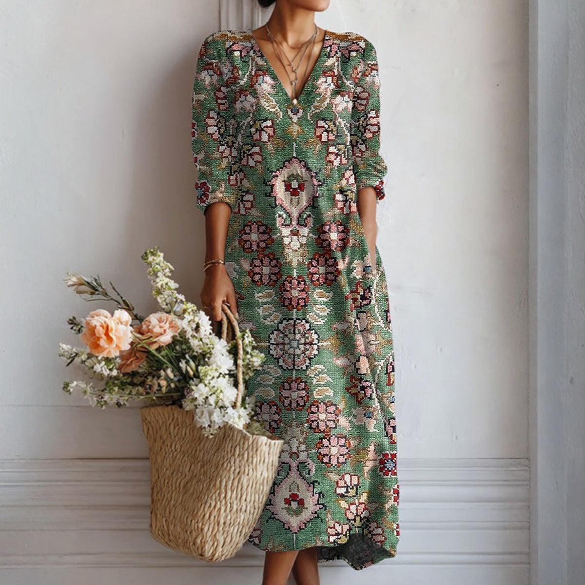 Grünes V-Ausschnitt Midi Kleid - Herbsts-Essential mit Raffinesse & Komfort