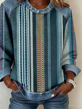 Winter Damen Boho Sweatshirt mit Denim Patchwork, warm