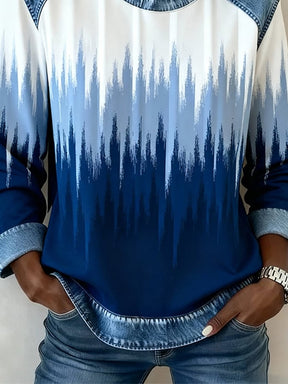 Winter Damen Pullover Denim Patchwork Blau Weiß Oversize